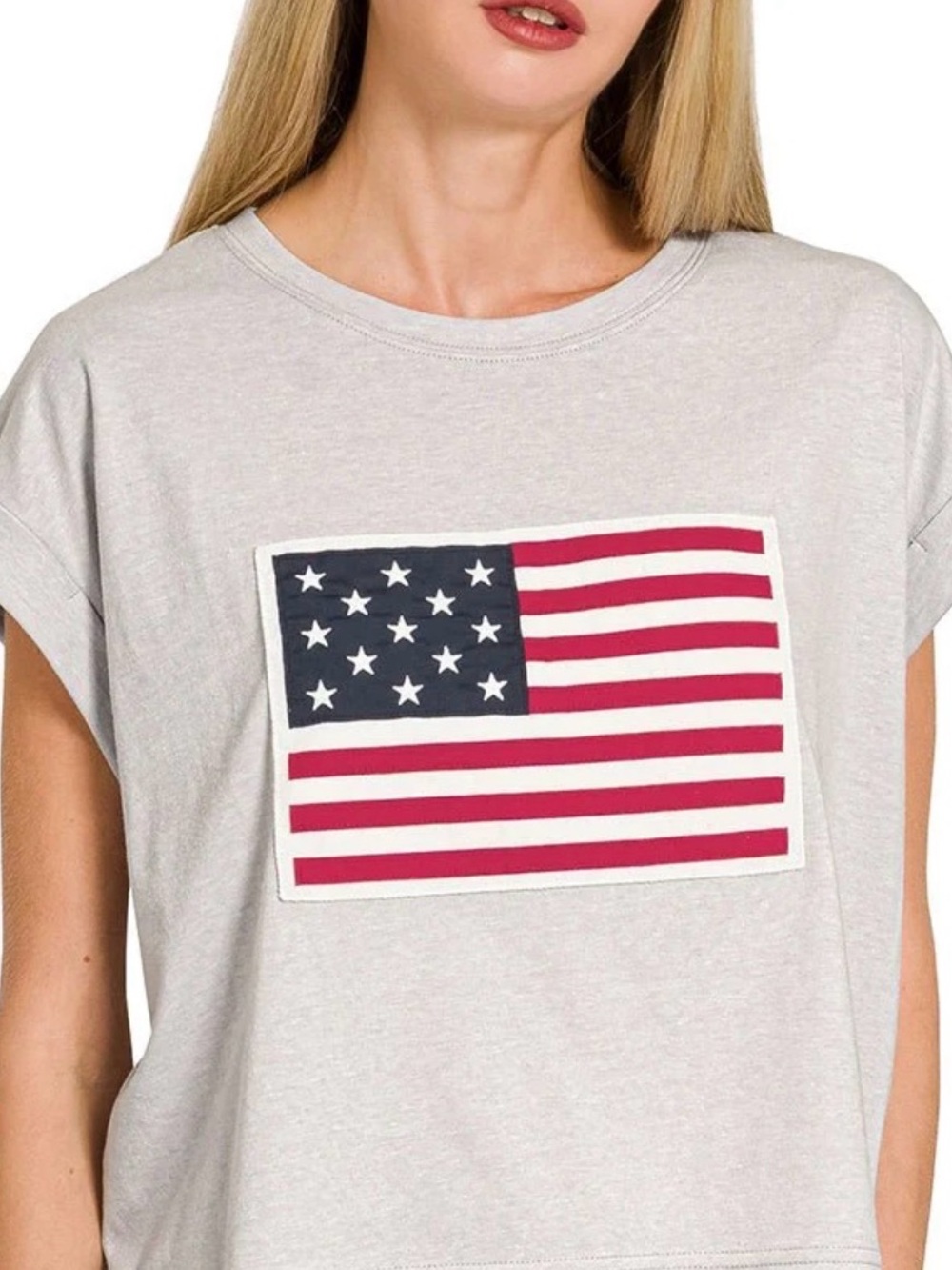 Zenana Outfitters Cream Crop Tee with American Flag Patch